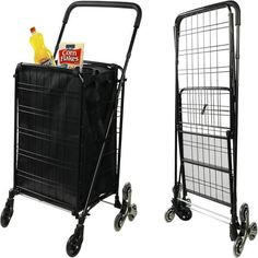 two different types of shopping carts with wheels and baskets on the front, one is black