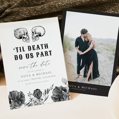 two wedding cards with skulls and flowers on them