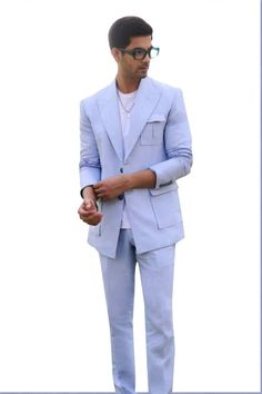 Blue linen blazer with all over chequered pattern and pocket detailing. Paired with a straight trouser. - Aza Fashions Tailored Blue Suits With Patch Pockets, Blue Suits With Patch Pockets For Work, Blue Semi-formal Suits With Patch Pockets, Straight Trousers, Linen Blazer, Checkered Pattern, Aza Fashion, Trousers, Blazer