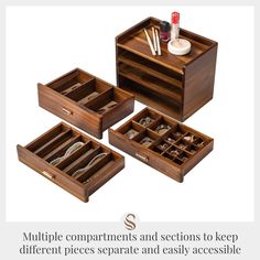 three wooden drawers with compartments and dividers on each side, one for pens and the other for pencils