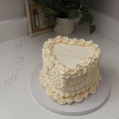 a heart shaped cake sitting on top of a white table next to a potted plant