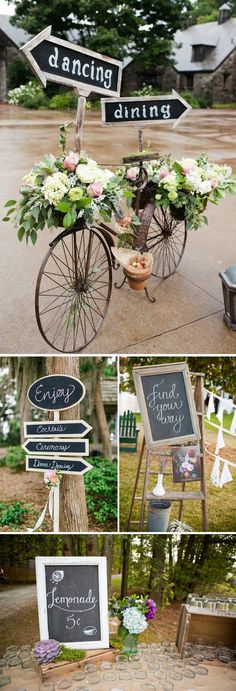 an old fashioned bicycle decorated with flowers and chalkboard signs that read, dancing during