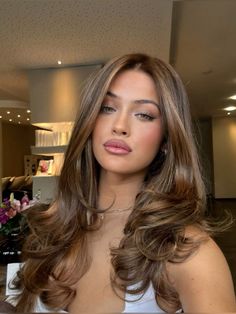 Honey Blonde Hair For Brunettes, Hair Inspo Caramel Highlights, Face Frame Highlights Brown Hair, Blowout Homecoming Hair, Hair Color For Wavy Hair Highlights, Highlights With Red Undertones, Hair Inspo Brunette Balayage, Hair Inspo For Latinas