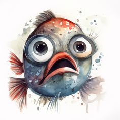 a watercolor painting of a fish with big eyes and an angry look on its face