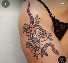 a woman's thigh with flowers and snake tattoo on her side, next to an image of a bra