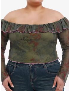 Grunge Butterfly Floral Off-The-Shoulder Crop Top Plus Size Pink Lettuce, Grunge Butterfly, Plus Size Grunge, Crop Top Plus Size, Right Arrow Icon, Plus Size Hot, Location Icon, Butterflies And Flowers, Top Plus Size