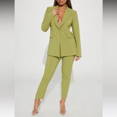 New With Tags | Dress Up Your Days In Sweet Style With This Cute Blazer Suit Set That Goes With Everything From Weekend Brunch With Sneakers Or Dinner To A Power Outfit For Work. | Features: Single Button Closure, Straight Leg Pants (Clasp & Zipper Closure), Faux Pockets, Moderate Stretch | 92% Polyester, 8% Spandex | Color: Light Green | Size: Med | Measurements (Approx): Bust: 36-37”, Waist: 28-29”, Hips: 39-40”, Inseam: 27” Green Notch Lapel Pantsuit For Party, Spring Green Fitted Pantsuit, Power Outfit, Outfit For Work, Cute Blazers, Blazer Set, Fashion Nova Pants, Weekend Brunch, Jumpsuit Fashion