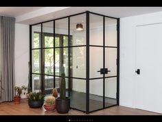 a room that has some plants on the floor and in front of it is a glass door