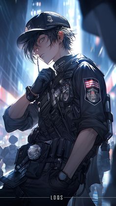 an anime character with black hair wearing a police uniform and holding his hand to his face