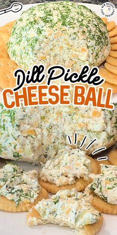 a cheese ball with crackers on it and the words dip pie cheese ball