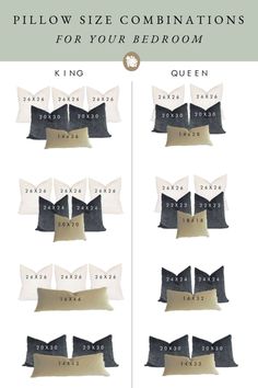 pillows are shown in different colors and sizes, with the words pillow size combinations on them