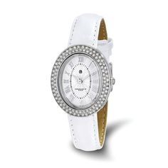 Stainless steel Charles Hubert women's watch featuring genuine white leather band with buckle clasp, crystal accents on oval shaped bezel, silver dial with silver-tone hands and Roman numerals. Comes with Japanese quartz movement, 3 ATM water resistance and lifetime warranty on movement type. Watch band measures approximately 9"L x 9/16"W. Classic Silver Leather Diamond Watch, Classic Silver Diamond Watch With Leather Strap, Silver Diamond Watch With Palladium Hardware, Watch Dial, Crystal Watches, Bow Jewelry, Leather Watch Bands, Jewelry Companies, Watch Movement