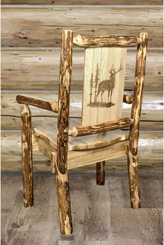 Montana Woodworks Captain's Chair with Laser Engraved Design-Rustic Furniture Marketplace Pine Chairs, Power Tool Storage, Black Forest Decor, Log Furniture, Model Features, Power Tool, Kitchen & Dining Chairs, Comfortable Chair, Upholstered Seating