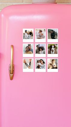 a pink refrigerator with six pictures on it