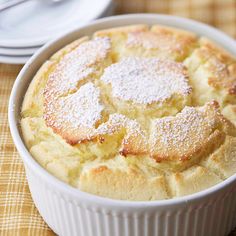 a baked dessert in a white dish on a table