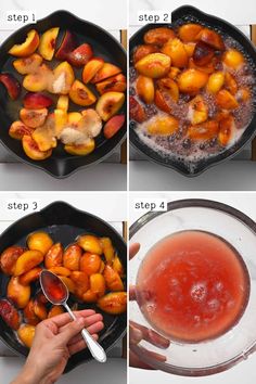 four pictures showing how to cook peaches in a cast iron skillet and then fry