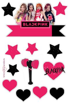 the blackpink sticker sheet is shown with pink and black hearts, stars, and