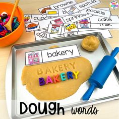 Dough words plus more sweets activities and centers designed for preschool, pre-k, and kindergarten. These are perfect for a holiday, bakery, or sweet treat theme. Cooking Theme Preschool Literacy, Bakery Activity Preschool, Bread Lesson Preschool, Baker Community Helper Preschool, Preschool Bakery Theme, Bakery Preschool Theme, In The Kitchen Preschool Theme, Food Theme Activities For Preschool, Chef Preschool Activities