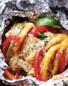 chicken with peppers and onions in foil