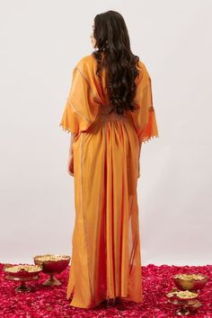 Orange kimono sleeves kaftan with delicate zari dori stripe highlights and sheer hem detailing. - Aza Fashions Orange Kimono, Kaftan Pattern, Kaftan Women, Lace Embellishments, Kaftan For Women, Adah Sharma, Diana Penty, Floral Patchwork, Luxury Sale