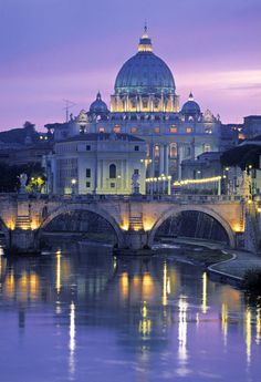 the cathedral is lit up at night with lights on it's roof and water below