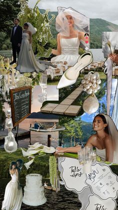 a collage of wedding pictures with brides and grooms in the background,