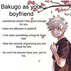 an anime character standing in front of a tree with flowers on it and the words bakuo as your boyfriend