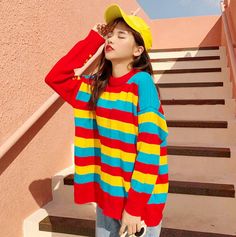 Rainbow Striped Knit Sweater Clowncore Outfit, Kid Core Outfits, Kidcore Clothes, Harajuku Clothes, Striped Knit Sweater, Kawaii Clothes, Harajuku Fashion, Cool Sweaters, Rainbow Stripes