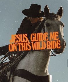 a woman riding on the back of a white horse with an orange message above it