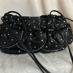 Beautiful Armpiece This Bag, Features See Of Rhinestones With Double Straps. Perfect For The Evening. Nwot Evening Black Bags With Rhinestone Rivets, Black Evening Bags With Bling, Embellished Black Evening Shoulder Bag, Elegant Evening Bags With Rhinestone Rivets, Black Rhinestone Bags For Night Out, Black Rhinestone Clutch For Party, Elegant Party Bags With Rhinestone Rivets, Evening Bag With Rhinestone Fringe, Black Clutch Bag With Rhinestones