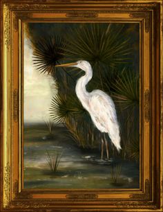 an oil painting of a white bird standing in the water with palm trees behind it