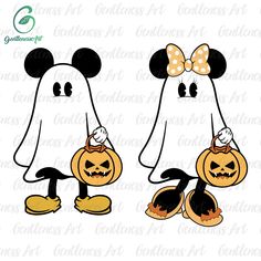 mickey and minnie mouse with pumpkins on their feet