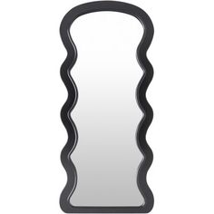 a mirror that is black and has wavy lines on the bottom of it, as well as an oval shaped frame