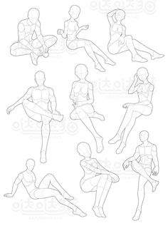 the silhouettes of people sitting and standing in different positions, each with their legs spread out