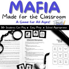 Mafia is officially school appropriate with this game set that up to 45 students (of all ages) can play! This game is great for community building in any class subject area, and especially Drama and Theater Arts! Here's what you get with this fun game: Clear and concise game play directions for the teacher and students Character descriptions45 unique printable character cardsDirections for how to print and how to play without printing 33 school appropriate "take out" cards (this is how the mafia Mafia Game Cards, Mafia Game, Teaching Classroom Management, Classic Card Games, Classroom Makeover, Youth Games, Bible Study For Kids, Fun Activities To Do, Games For Teens