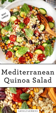 mediterraneann quinoa salad in a white bowl with wooden spoons on the side