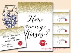 two cards with the words how many kisses are in the jar? and an image of a