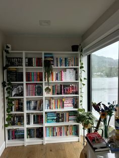 a book shelf filled with lots of books next to a large window covered in plants