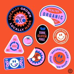 various stickers on an orange background with the words healthy, organic and happy faces