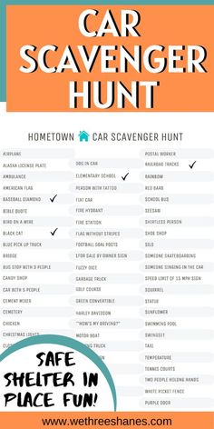 the car scavenger hunt flyer is shown in blue and orange, with an image of