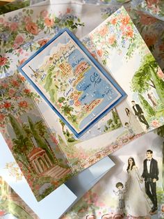 an assortment of wedding cards with pictures on them