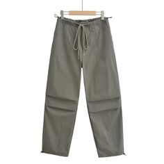 V-011-gray green Spring Ankle-length Parachute Pants With Drawstring, Spring Stretch Cargo Pants, Spring Ankle-length Cargo Pants With Drawstring, Spring Drawstring Cargo Pants, Ankle-length, Spring High-waisted Harem Pants With Cargo Pockets, Spring Stretch Cargo Pants With Drawstring, Stretch Khaki Pants With Drawstring, Casual Stretch Parachute Pants For Workwear, Spring Khaki Pants With Drawstring