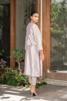 Bini Eid Front Open Sets With Intricate Embroidery, Elegant Pant Set With Resham Embroidery And Long Sleeve, Elegant Designer Wear Sets With Front Open, Elegant Front Open Designer Wear Sets, Elegant Bandhgala With Dupatta In Raw Silk, Elegant Raw Silk Bandhgala With Dupatta, Elegant Front Open Sets For Eid, Elegant Nehru Jacket With Chikankari Embroidery In Cotton Silk, Elegant Cotton Silk Nehru Jacket With Chikankari Embroidery