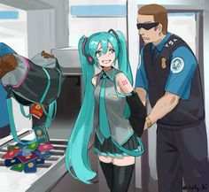 an anime character with long blue hair standing next to a man in police uniform and another person wearing headphones