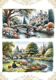 Two images of couple with boat on river in English countryside. A4 Decoupage Paper for Craft making. Rice Paper Art, Furniture Upcycle, Making Furniture, نباتات منزلية, Victorian Romance, Vintage Illustrations, Crafts Paper, Diy Crafts For Home Decor, Artistic Expression