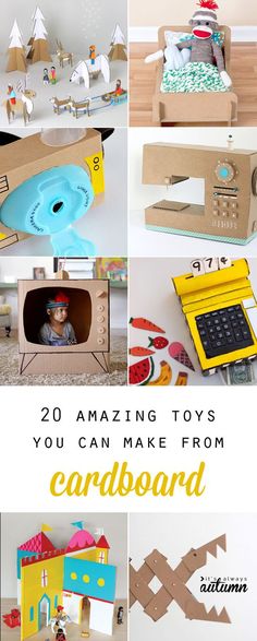 cardboard toys that are made to look like houses and boats with text overlay reading 20 amazing toys you can make from cardboard