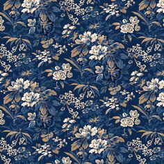 blue and gold floral wallpaper with white flowers