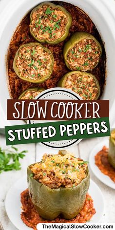 slow cooker stuffed peppers in a white casserole dish with text overlay