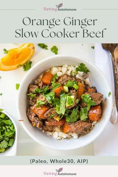 an orange ginger slow cooker beef recipe in a bowl