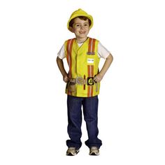 a young boy wearing a yellow construction worker vest and matching hat, standing in front of a white background